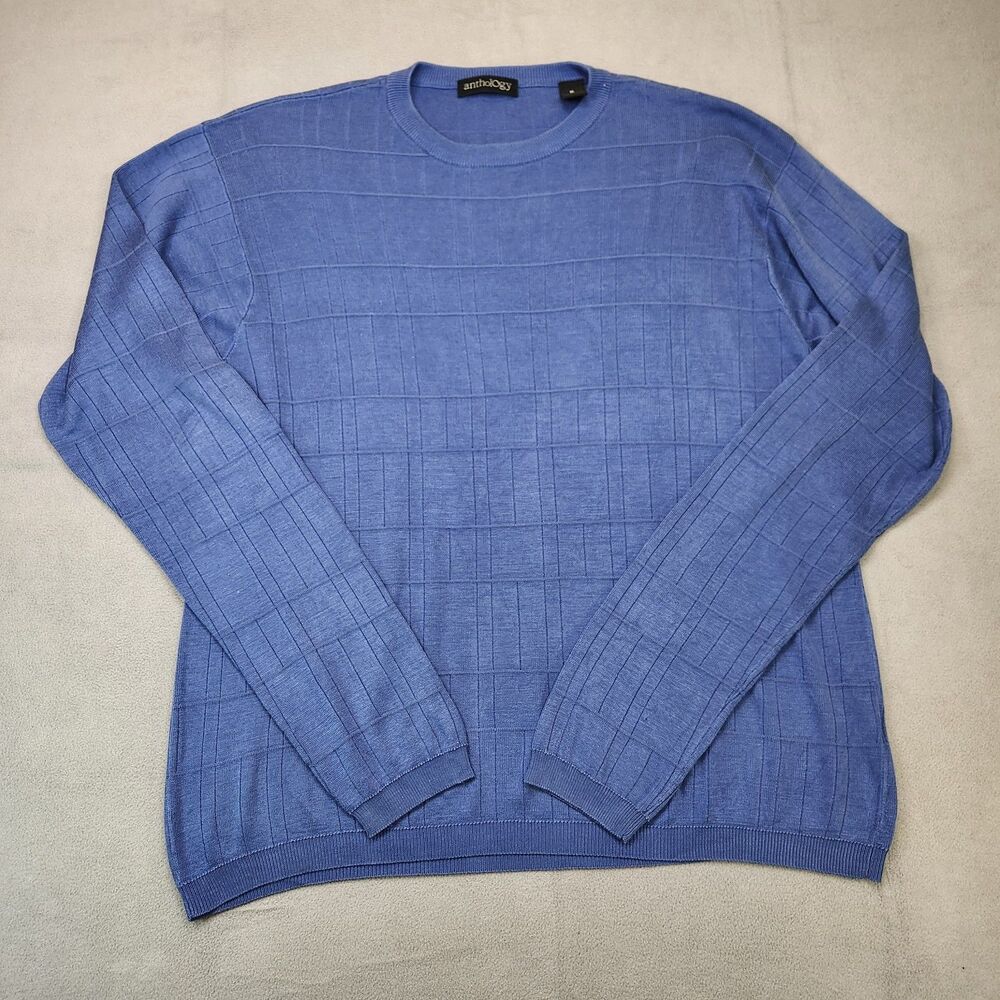 Anthology 100% Silk Sweater Men's XL Blue Long Sleeve Crew Textured Grid‎ Knit